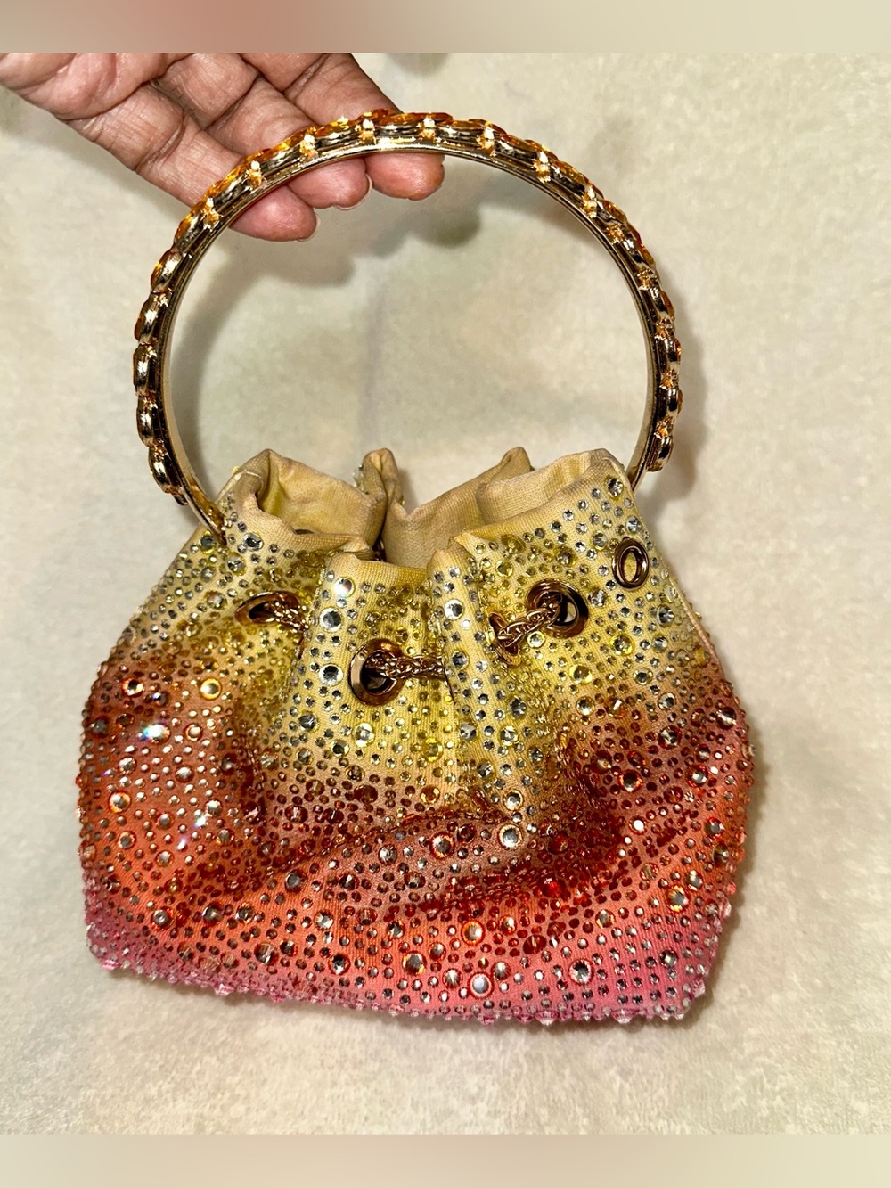 Rhinestone Ombré Bucket Bag Sunset Crystal Handle Fits iPhone Pro Max 6x8x4